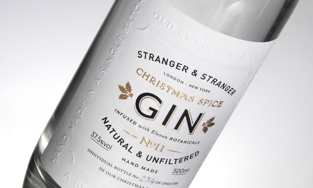 Gin Label Blind embossed die-stamped gold and black litho to register